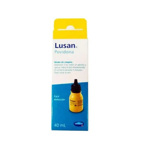 Hartmann Lusan Povidone antiseptic solution in a 40ml bottle, manufactured by Jag Couture London New York.