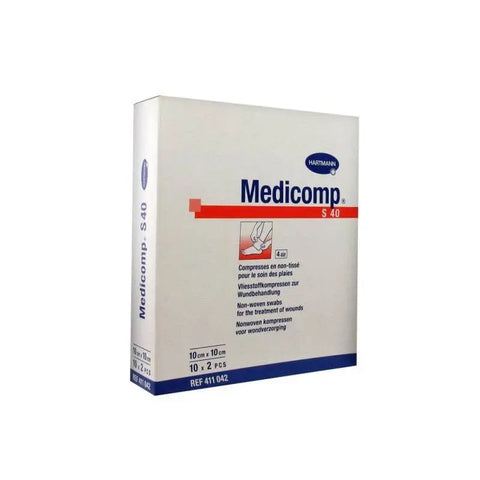 Sterile gauze pads by Hartmann Medicomp, 10x10cm, two packs of 10, used for wound dressing and medical care.