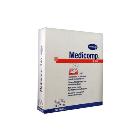 Sterile Hartmann Medicomp Gauze 10x10cm packs, ideal for wound dressing, shown in the image.