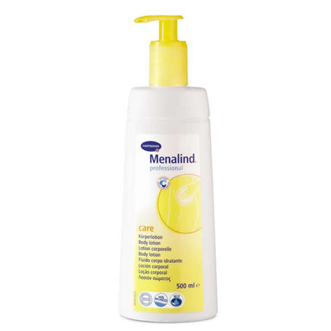 Hartmann Menalind Body Lotion in a 500ml bottle, featuring smooth, nourishing lotion with clear packaging and pump dispenser.