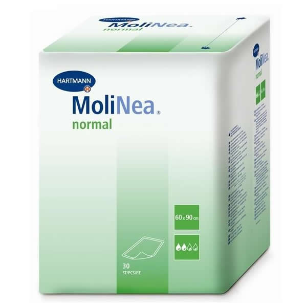 Hartmann Molinea Plus underpads in 60x90cm size, 30-unit pack, designed for absorbency and comfort.