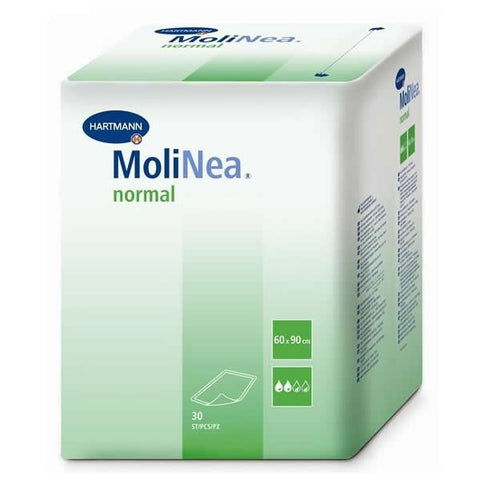 Hartmann Molinea Plus underpads in 60x90cm size, 30-unit pack, designed for absorbency and comfort.