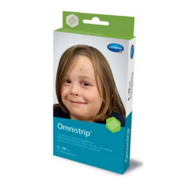 Hartmann Omnistrip adhesive wound closure strips, 6x38mm, by Jag Couture London New York, shown on a clean skin surface.