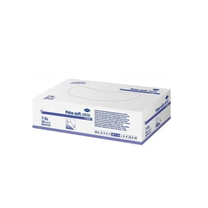 Pair of Hartmann Peha Soft nitrile gloves in medium size, 100 units, shown in a clean, professional setting.