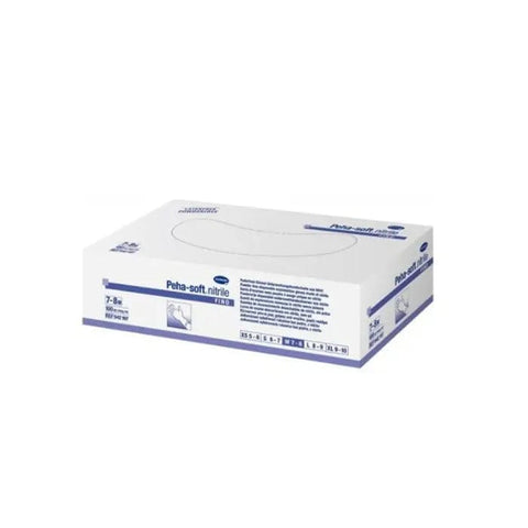 Pair of Hartmann Peha Soft nitrile gloves in medium size, 100 units, shown in a clean, professional setting.