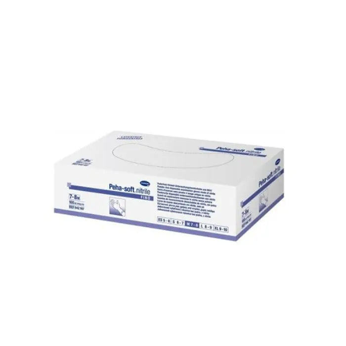Pair of Hartmann Peha Soft nitrile gloves in medium size, shown in a box with 100 units on a clean background.