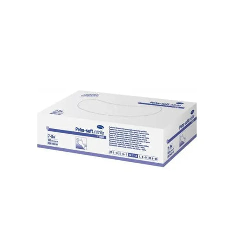 Hartmann Peha Soft nitrile gloves in medium size, 100-pack, suitable for medical or industrial use, with a blue glove visible.