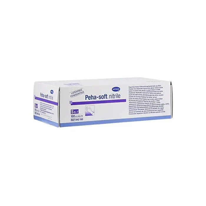 Hartmann Peha Soft nitrile gloves in small size, 100-pack, shown in the image with a clean, sterile appearance.