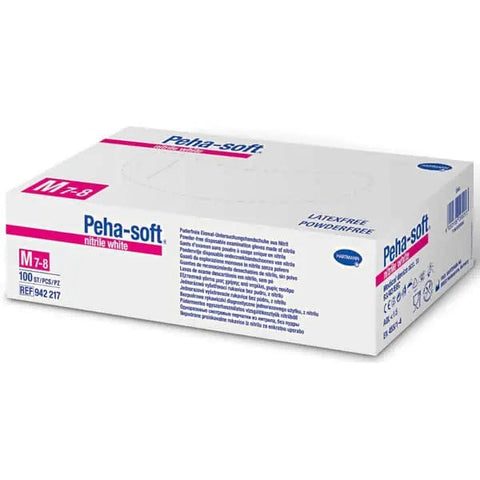 White powder-free nitrile gloves by Hartmann Peha-Solf in medium size, shown in a close-up image.