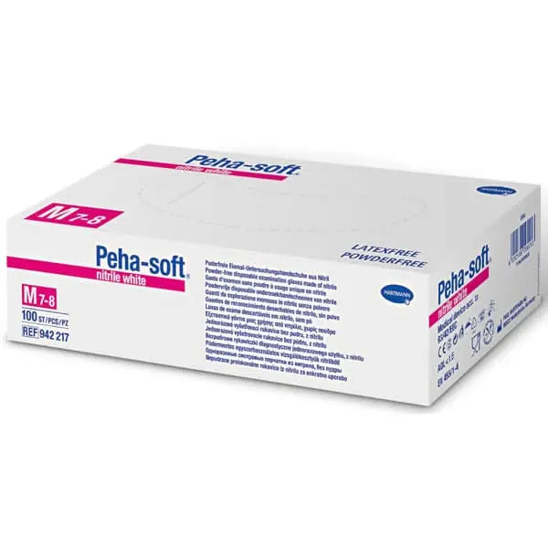 White powder-free nitrile gloves by Hartmann Peha-Solf, medium size, shown on a clean surface.