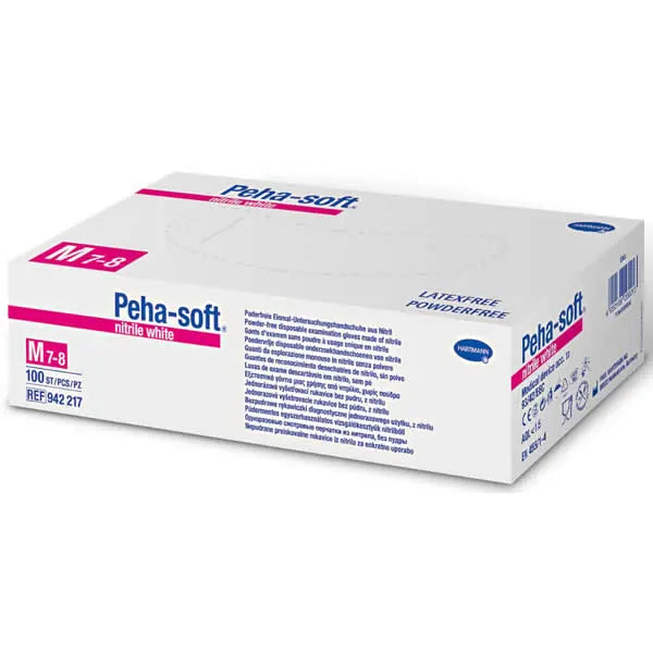 White nitrile disposable gloves, medium size, Hartmann Peha-Solf brand, powder-free, suitable for medical or industrial use.