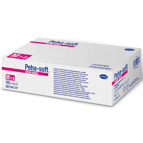 White powder-free nitrile exam gloves from Hartmann Peha-Solf in medium size, shown in a clean, protective handwear image.