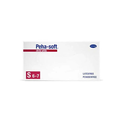 White Hartmann Peha-Solf nitrile powder-free gloves in small size, shown on a clean surface with brand label visible.