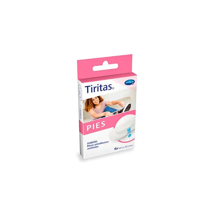 Hartmann Tiritas Pies Juanetes by Jag Couture London New York, 6-unit pack, adhesive patches for bunion relief, shown on foot.