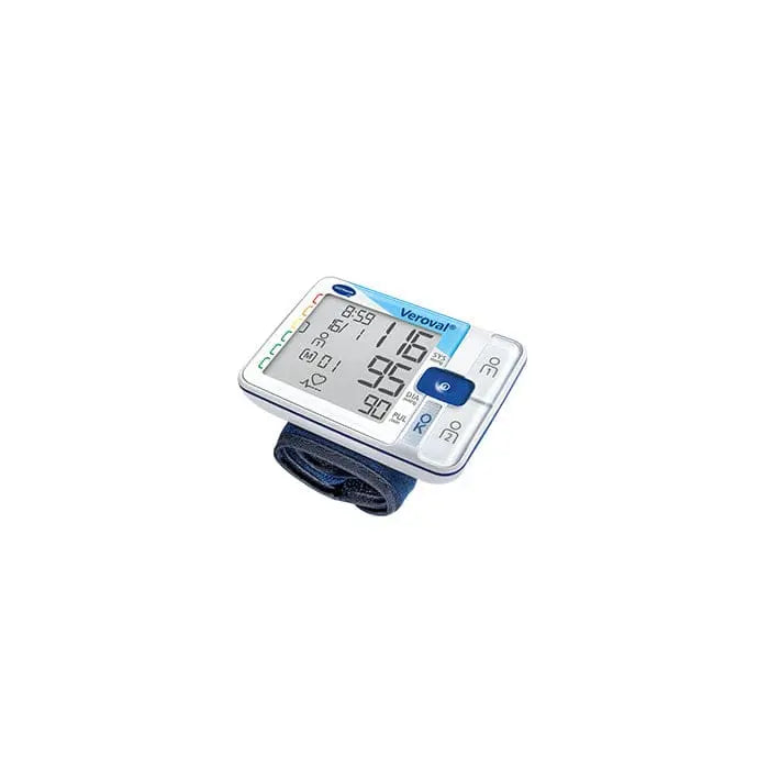 Hartmann Veroval wrist blood pressure monitor with digital display, compact design, and adjustable cuff for accurate readings.