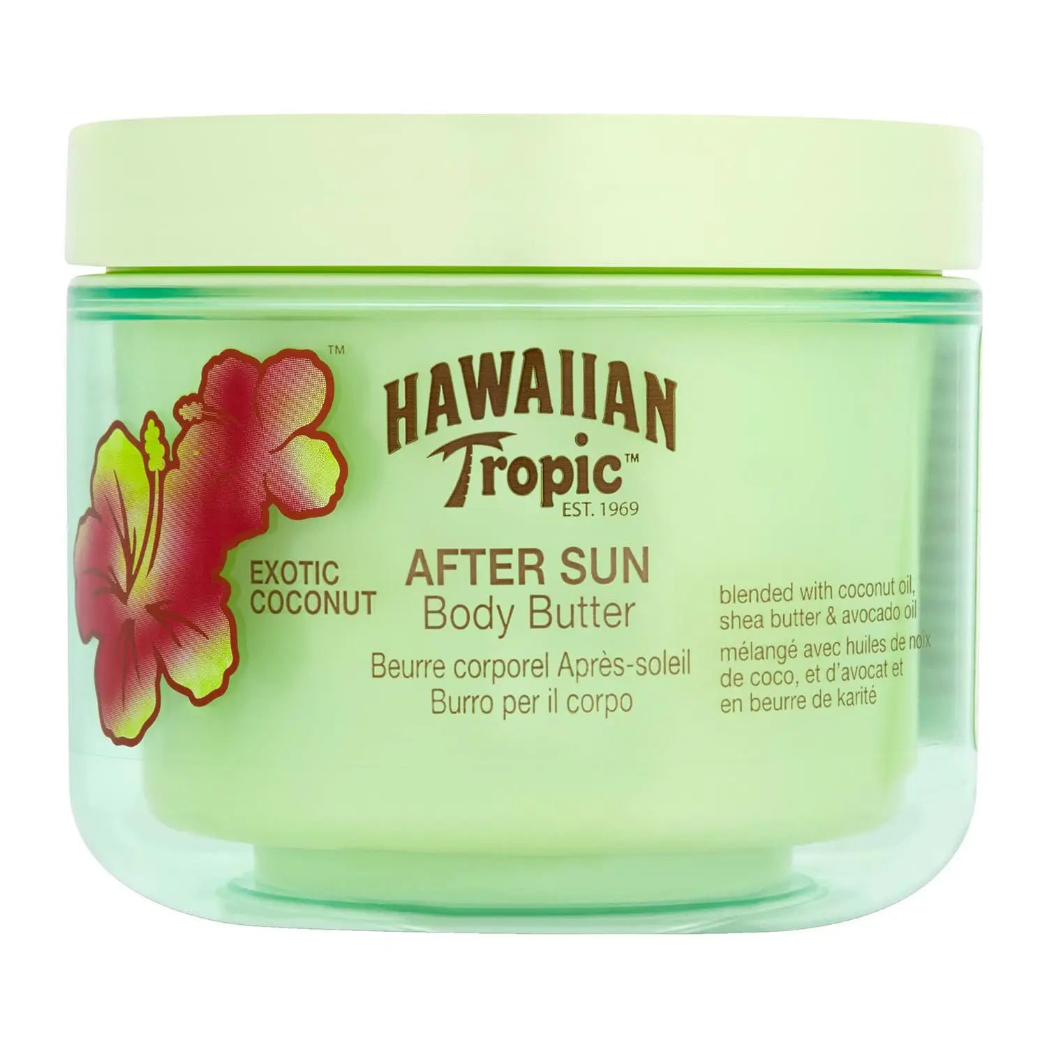 Hawaiian Tropic body butter after sun with exotic coconut scent in a 250ml jar, featuring tropical packaging from Jag Couture London New York.