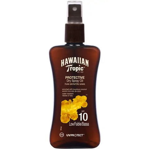Hawaiian Tropic Protective Dry Spray Oil SPF10 by Jag Couture London, 200ml bottle, with sun protection and tropical branding.