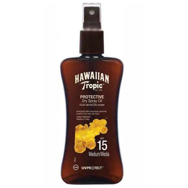 Hawaiian Tropic Protective Dry Spray Oil SPF15 by Jag Couture London, medium 200ml bottle with spray nozzle, outdoors.