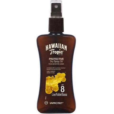 Hawaiian Tropic protective dry spray oil SPF8 in a 200ml bottle, featuring a tropical-themed label and spray nozzle.