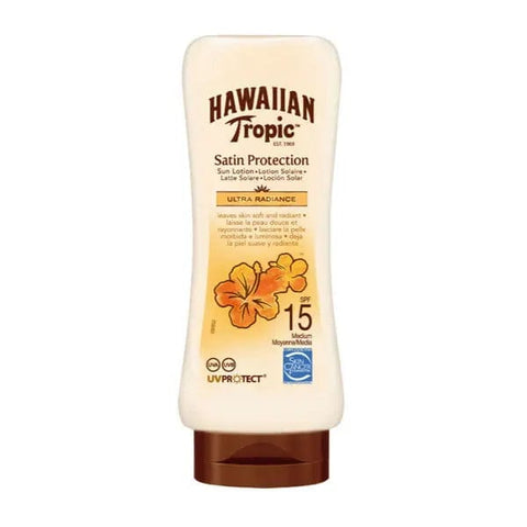 Hawaiian Tropic Satin Protection Ultra Radiance Sun Lotion SPF15 in 180ml bottle, with smooth, luminous finish and sun protection features.