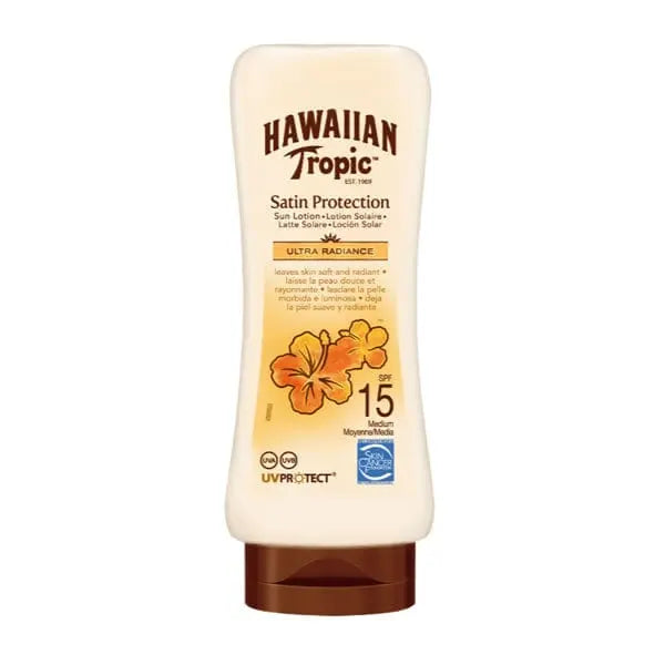 Hawaiian Tropic Satin Protection Ultra Radiance Sun Lotion SPF15 in 180ml bottle, with tropical packaging and sun protection features.
