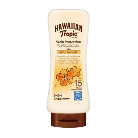 Hawaiian Tropic Satin Protection Ultra Radiance Sun Lotion SPF 15 in 180ml bottle, featuring smooth, hydrating formula from Jag Couture London.