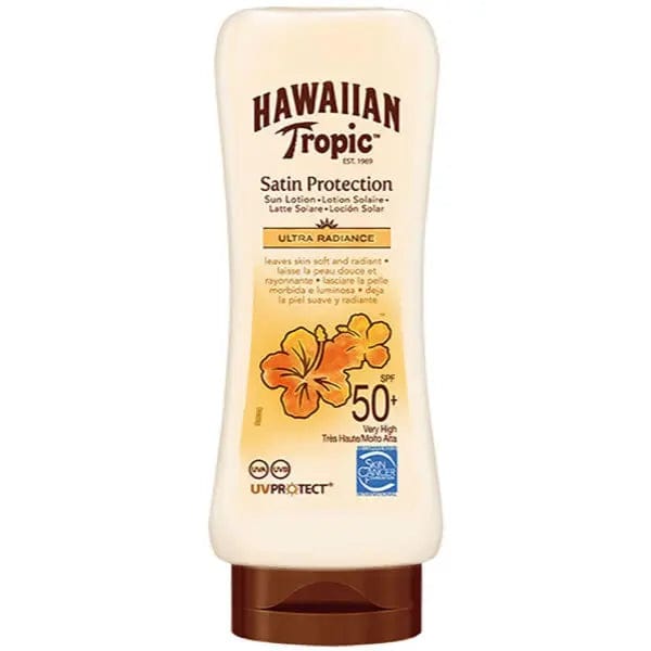 Hawaiian Tropic Satin Protection Ultra Radiance Sun Lotion SPF50 by Jag Couture London, 180ml bottle with smooth lotion texture.