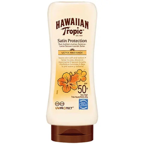 Hawaiian Tropic Satin Protection Ultra Radiance Sun Lotion SPF50 in 180ml, with smooth lotion texture and sun protection features.