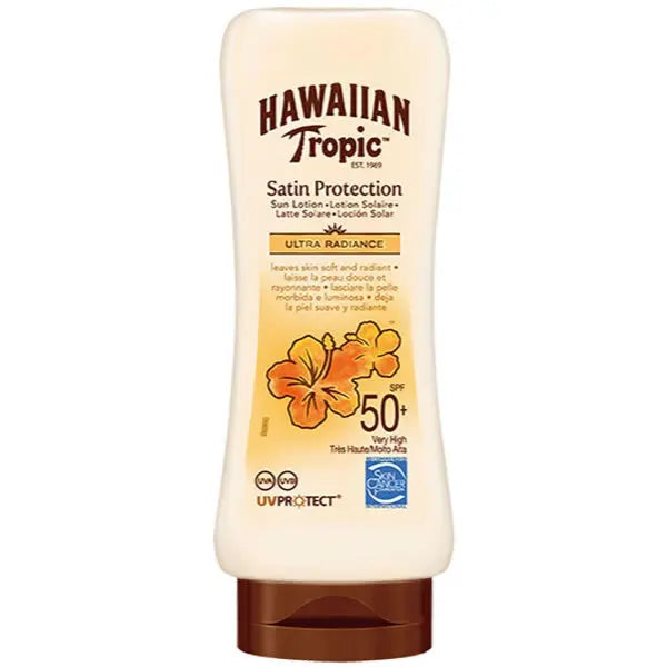Hawaiian Tropic Satin Protection Ultra Radiance Sun Lotion SPF50 in 180ml bottle, featuring smooth, radiant skin protection.