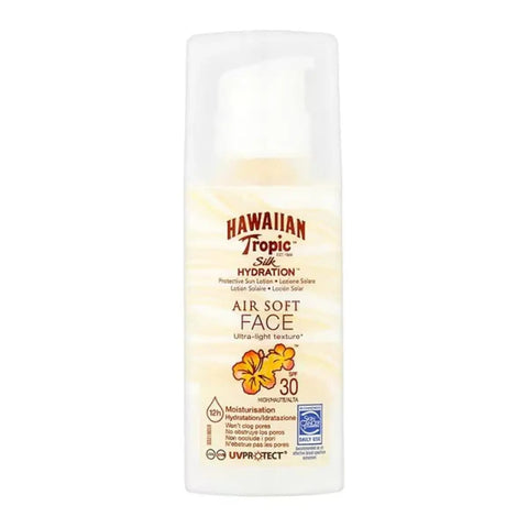 Hawaiian Tropic Silk Hidration Air Soft Face Sun Lotion SPF30, 50ml, by Jag Couture London New York, with a smooth lotion texture.