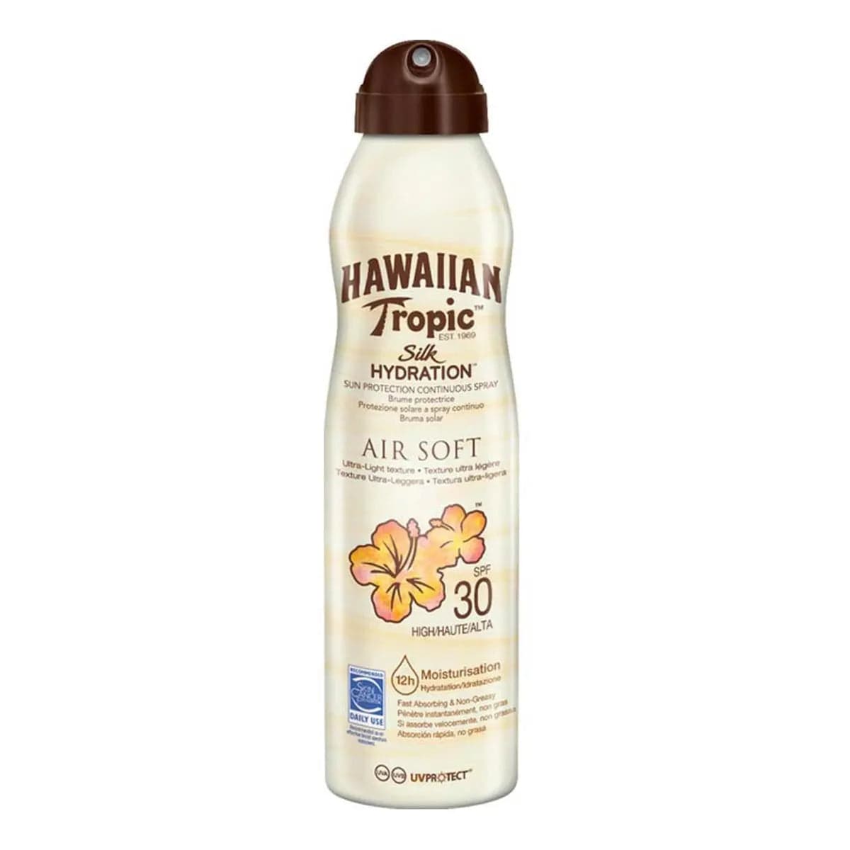 Hawaiian Tropic Silk Hydration Air Soft Sunscreen Mist SPF30 in 177ml bottle, spray sunscreen by Jag Couture London - New York