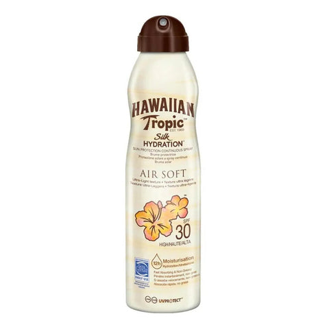 Hawaiian Tropic Silk Hydration Air Soft Sunscreen Mist SPF30 in 177ml bottle, spray sunscreen by Jag Couture London - New York