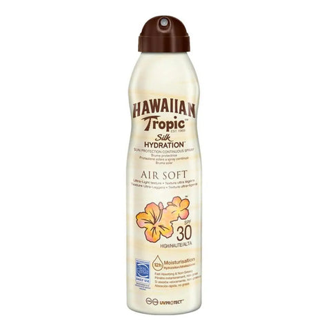 Hawaiian Tropic Silk Hydration Air Soft Sunscreen Mist SPF30 in 177ml bottle, with colorful tropical packaging and spray nozzle.