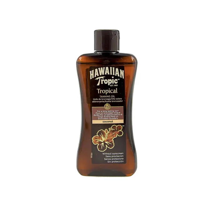 Hawaiian Tropic Tropical Tanning Oil 200ml bottle with tropical packaging, by Jag Couture London New York.