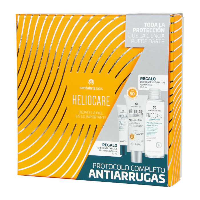 Set of three Heliocare 360º Age Active Fluid SPF50 bottles by Jag Couture London, featuring protective, lightweight skincare for the face.