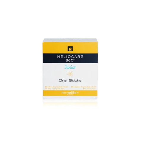 Jag Couture London Heliocare 360º Junior Oral Sticks, 20 units, showing the packaging and product sticks for kids' sun protection.