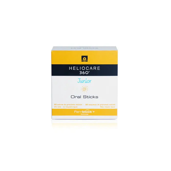 Heliocare 360º Junior Oral Sticks box with 20 units, featuring child-friendly packaging and product branding by Jag Couture London New York.