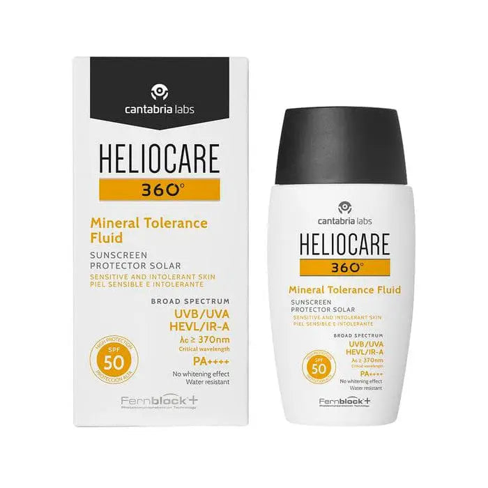 Heliocare 360º Mineral Tolerance Fluid SPF50 in 50ml bottle, featuring smooth, lightweight mineral sun protection from Jag Couture London.