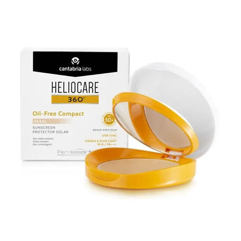 Heliocare 360º Oil-Free Compact Pearl SPF50+ by Jag Couture London New York showing the 10g compact with reflective pearl finish.