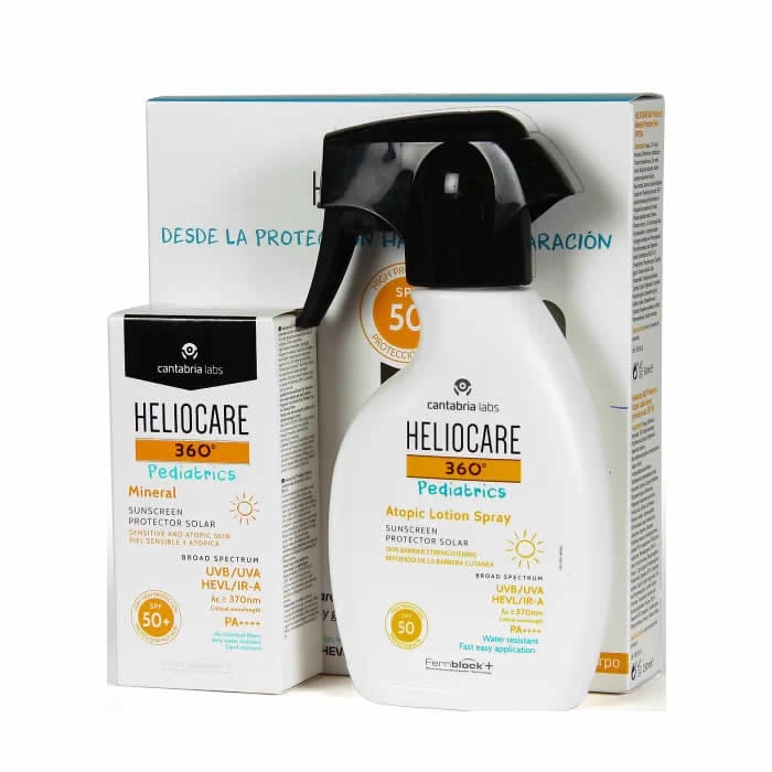 Heliocare 360º Pediatrics Mineral Sunscreen 50ml and Atopic Lotion Spray 75ml in packaging, ideal for sensitive skin.