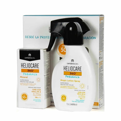 Heliocare 360º Pediatrics Mineral Sunscreen 50ml and Atopic Lotion Spray 75ml in packaging, ideal for sensitive skin.