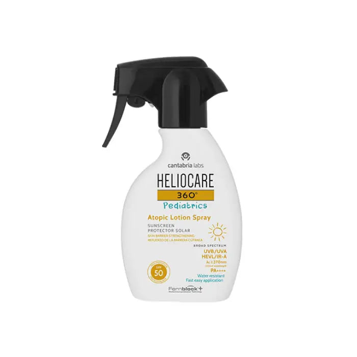 Heliocare 360 Pediatrics Atopic Lotion Spray SPF 50+ by Jag Couture London New York, 250ml bottle, gentle for children’s skin.