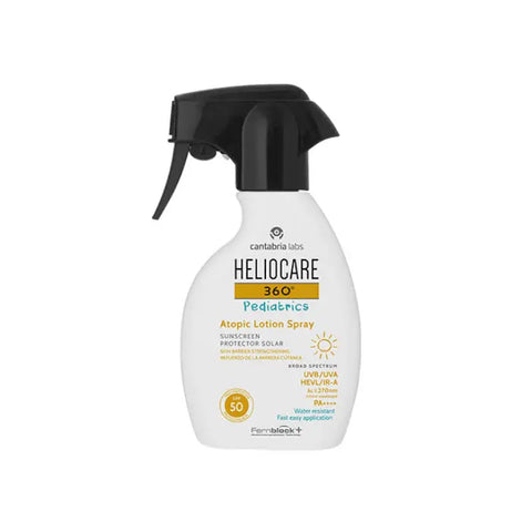 Heliocare 360 Pediatrics Atopic Lotion Spray SPF 50+ by Jag Couture London New York, 250ml bottle, gentle for children’s skin.