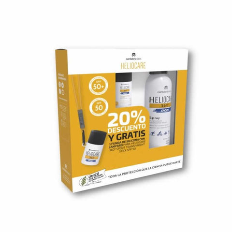 Set of three Heliocare 360º Sport Sunscreen SPF 50+ bottles by Jag Couture London featuring broad-spectrum sun protection.