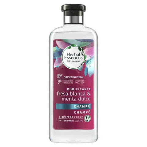 Herbal Essences Strawberry & Sweet Mint Shampoo by Jag Couture London, 400ml bottle with a vibrant label and fresh mint and strawberry imagery