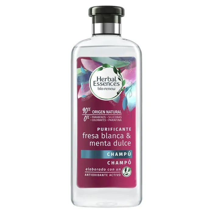 Herbal Essences Strawberry and Sweet Mint Shampoo bottle, 400ml, with vibrant pink and green packaging on a clean background.