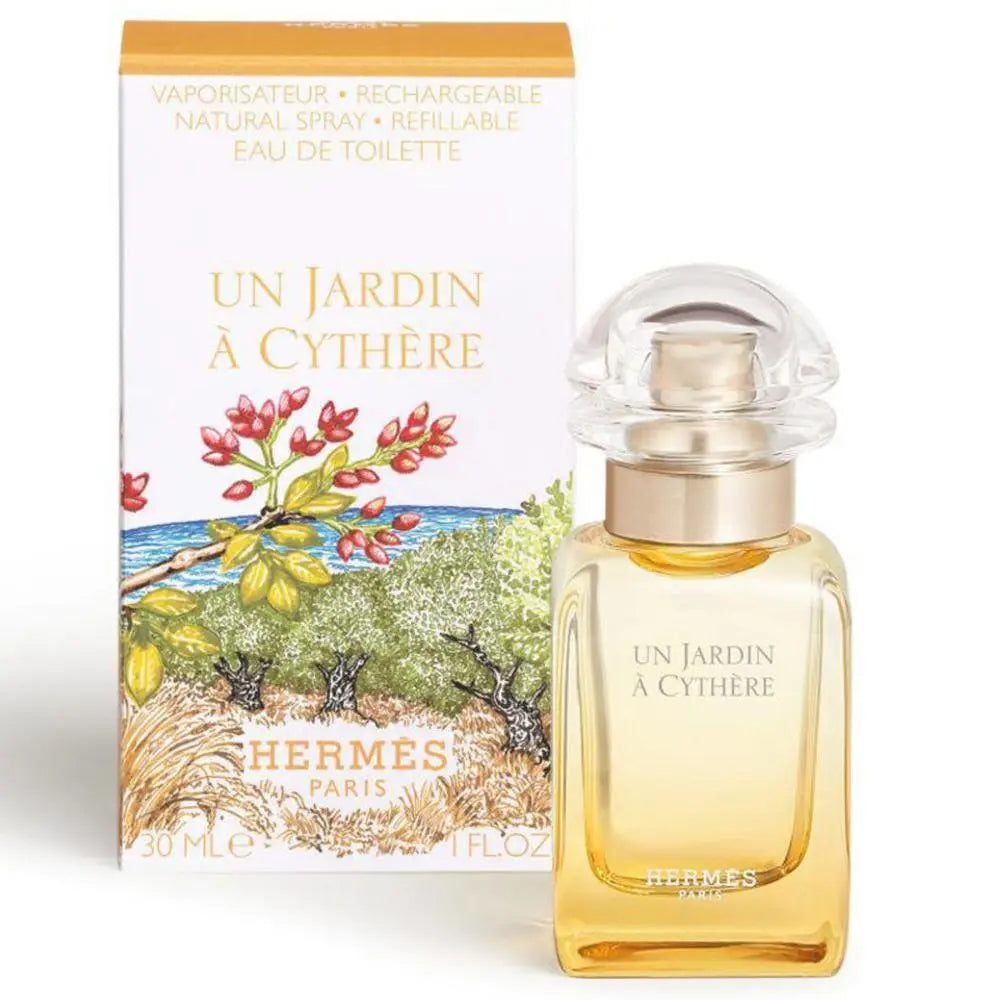 Hermès Un Jardin A Cythere Eau De Toilette 30ml refillable bottle, elegant glass container with floral design, on a neutral background.