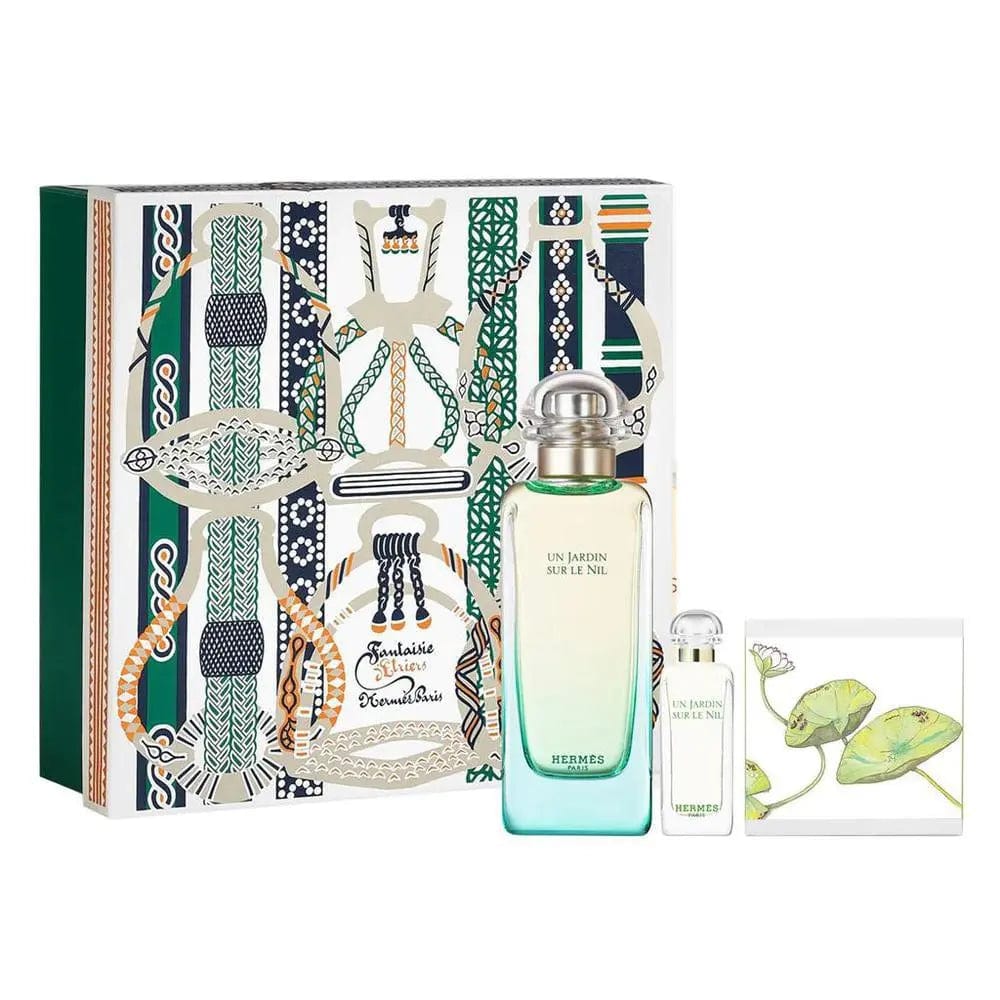 Hermès Un Jardin Sur Le Nil fragrance set featuring two bottles with elegant packaging from Jag Couture London New York.