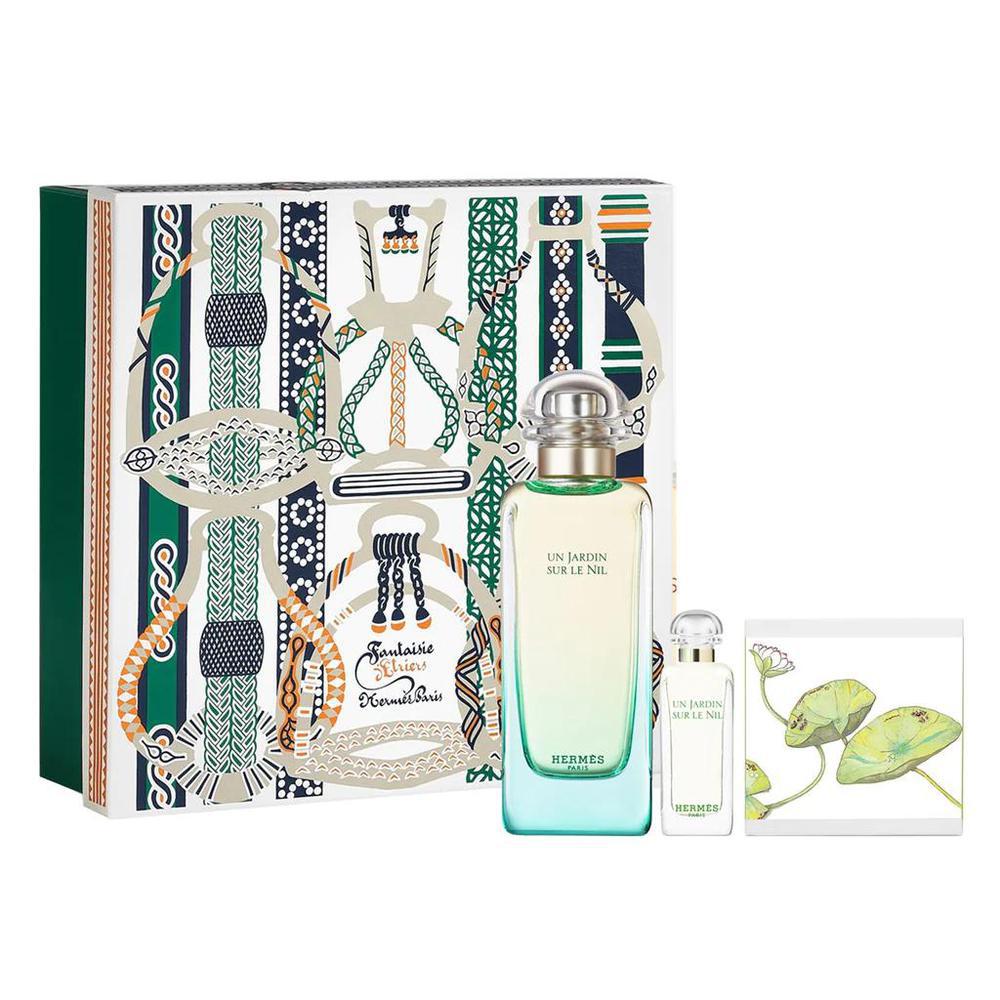 Hermès Un Jardin Sur Le Nil perfume set with two bottles, featuring elegant glass packaging and floral and citrus design details.