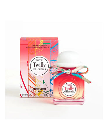 Hermès Tutti Twilly D’hermès Edp spray 85ml, featuring a sleek perfume bottle with vibrant floral design and elegant packaging.